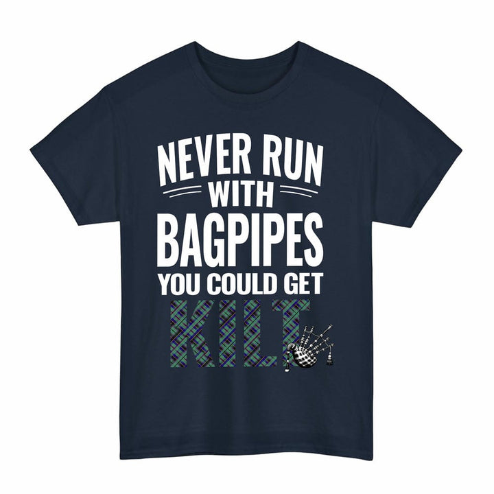 Scottish Stevenson Clan Tartan Never Run With Bagpipes T-Shirt Tartan Plaid Navy Color