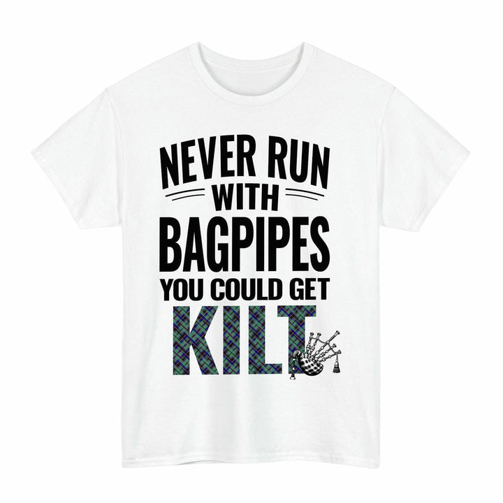 Scottish Stevenson Clan Tartan Never Run With Bagpipes T-Shirt Tartan Plaid White Color