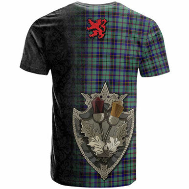 Scottish Stevenson Clan Tartan T-Shirt - Half Thistle Flowers Celtic Design Back Side Tartan Plaid