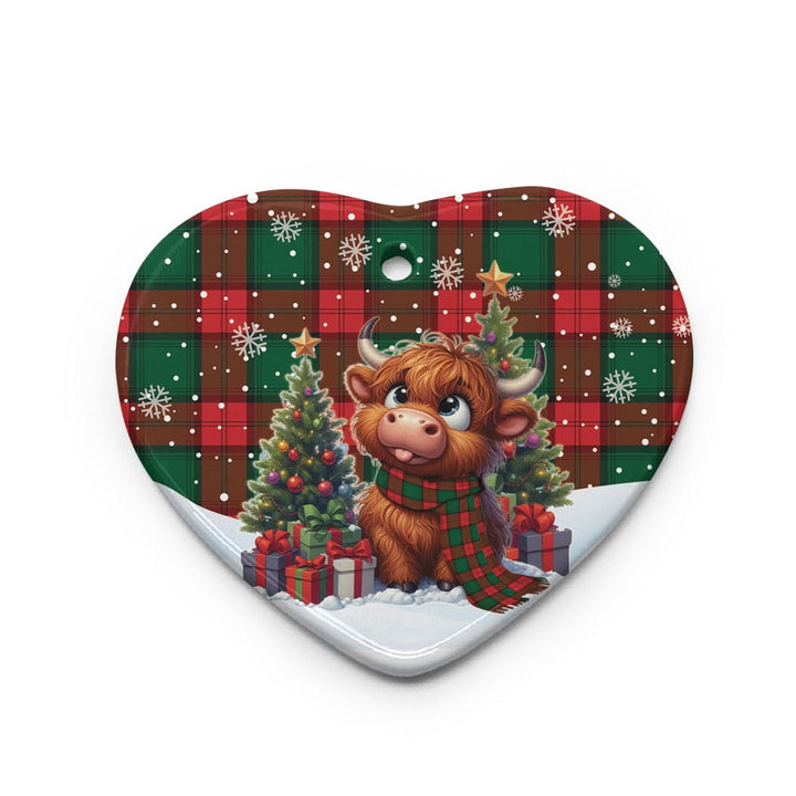 Scottish Stewart Atholl Modern Clan Tartan Ceramic Ornament Cute Highland Cow Christmas Heart Style Tartan Plaid