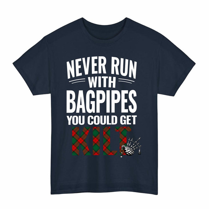 Scottish Stewart Atholl Modern Clan Tartan Never Run With Bagpipes T-Shirt Tartan Plaid Navy Color