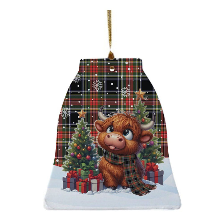 Scottish Stewart Black Clan Tartan Ceramic Ornament Cute Highland Cow Christmas Bell Style Tartan Plaid