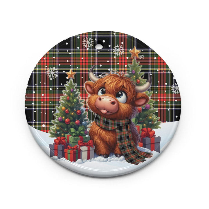 Scottish Stewart Black Clan Tartan Ceramic Ornament Cute Highland Cow Christmas Circle Style Tartan Plaid
