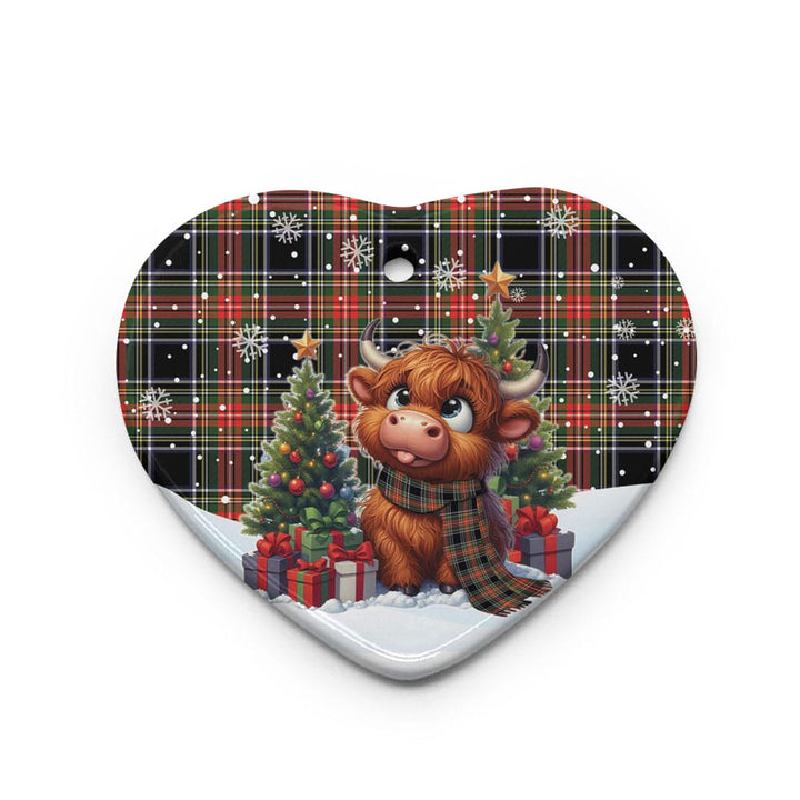 Scottish Stewart Black Clan Tartan Ceramic Ornament Cute Highland Cow Christmas Heart Style Tartan Plaid