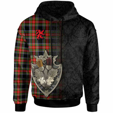 Scottish Stewart Black Clan Tartan Hoodie - Half Thistle Flowers Celtic Design Front Side Tartan Plaid