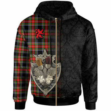 Scottish Stewart Black Clan Tartan Hoodie - Half Thistle Flowers Celtic Design Zip-up Tartan Plaid