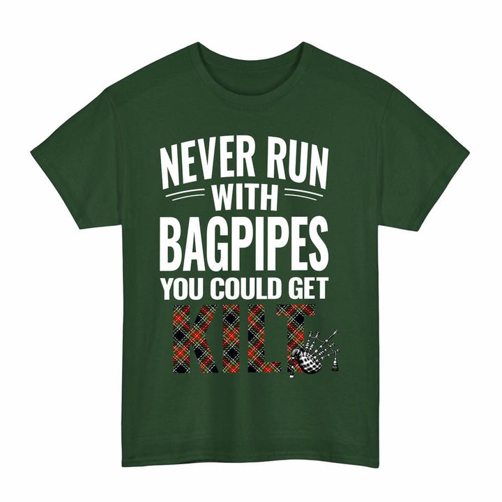 Scottish Stewart Black Clan Tartan Never Run With Bagpipes T-Shirt Tartan Plaid Forest Green Color