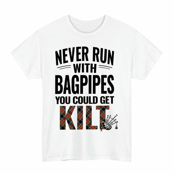 Scottish Stewart Black Clan Tartan Never Run With Bagpipes T-Shirt Tartan Plaid White Color