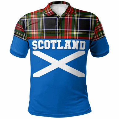 Scottish Stewart Black Clan Tartan Polo Shirt - Lion Rampant of Scotland With Flag Front Side Tartan Plaid