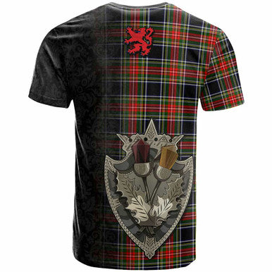 Scottish Stewart Black Clan Tartan T-Shirt - Half Thistle Flowers Celtic Design Back Side Tartan Plaid