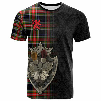 Scottish Stewart Black Clan Tartan T-Shirt - Half Thistle Flowers Celtic Design Front Side Tartan Plaid