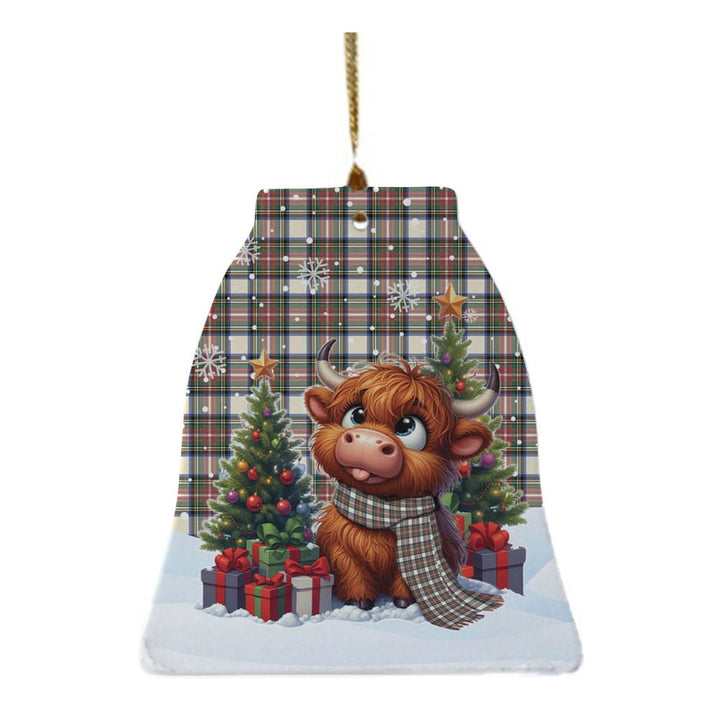 Scottish Stewart Dress Ancient Clan Tartan Ceramic Ornament Cute Highland Cow Christmas Bell Style Tartan Plaid