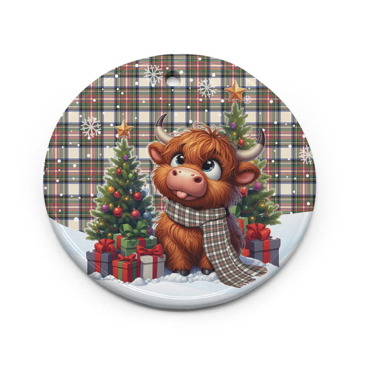Scottish Stewart Dress Ancient Clan Tartan Ceramic Ornament Cute Highland Cow Christmas Circle Style Tartan Plaid