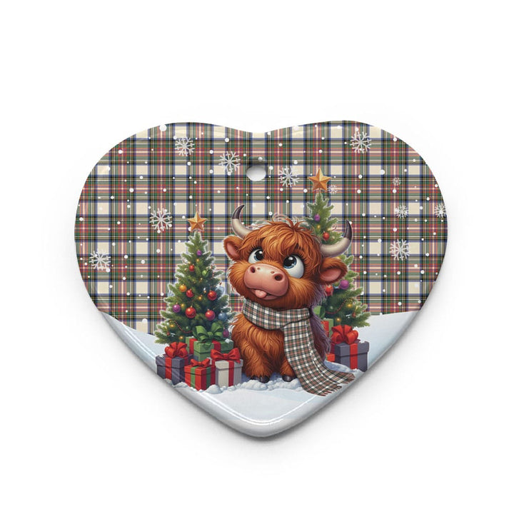 Scottish Stewart Dress Ancient Clan Tartan Ceramic Ornament Cute Highland Cow Christmas Heart Style Tartan Plaid