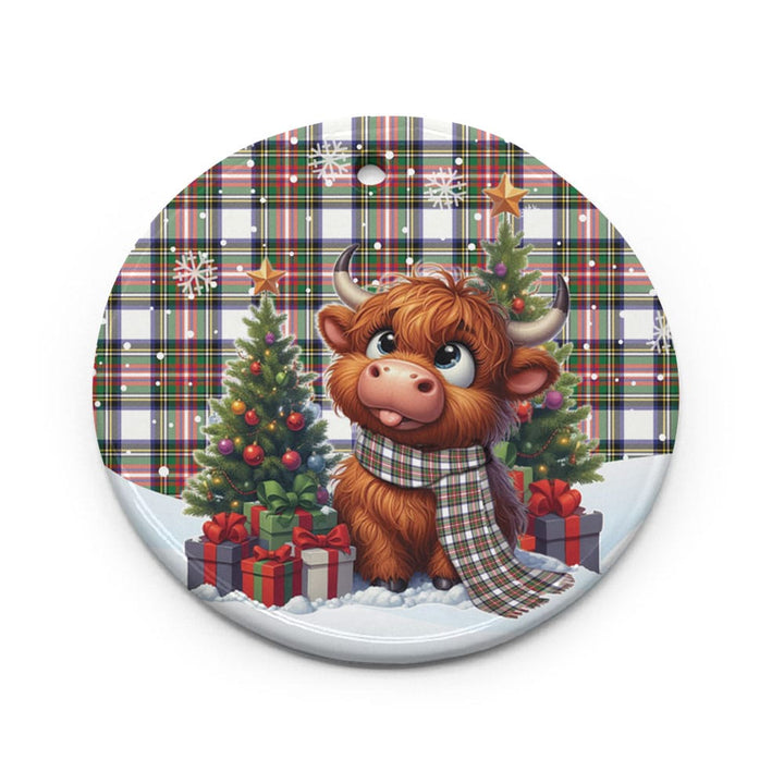 Scottish Stewart Dress Modern Clan Tartan Ceramic Ornament Cute Highland Cow Christmas Circle Style Tartan Plaid