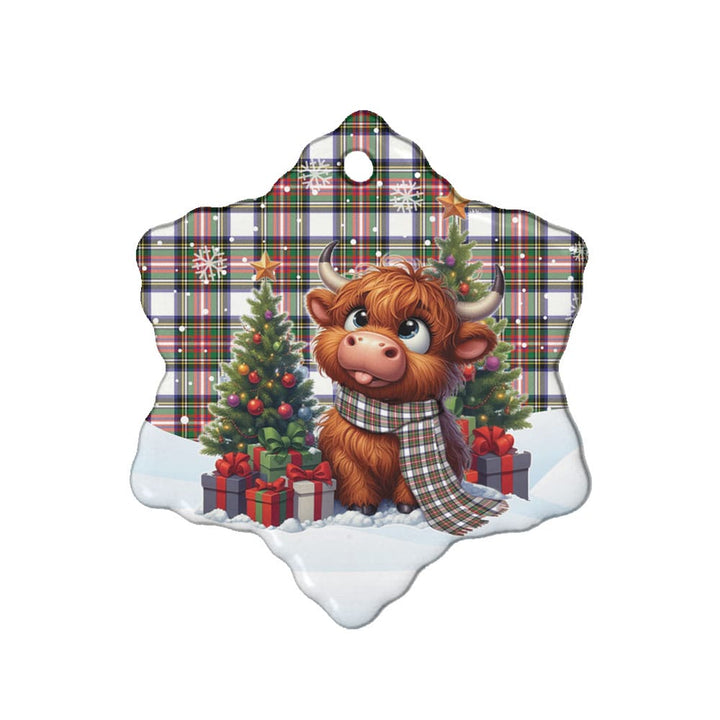 Scottish Stewart Dress Modern Clan Tartan Ceramic Ornament Cute Highland Cow Christmas Snow Flake Style Tartan Plaid