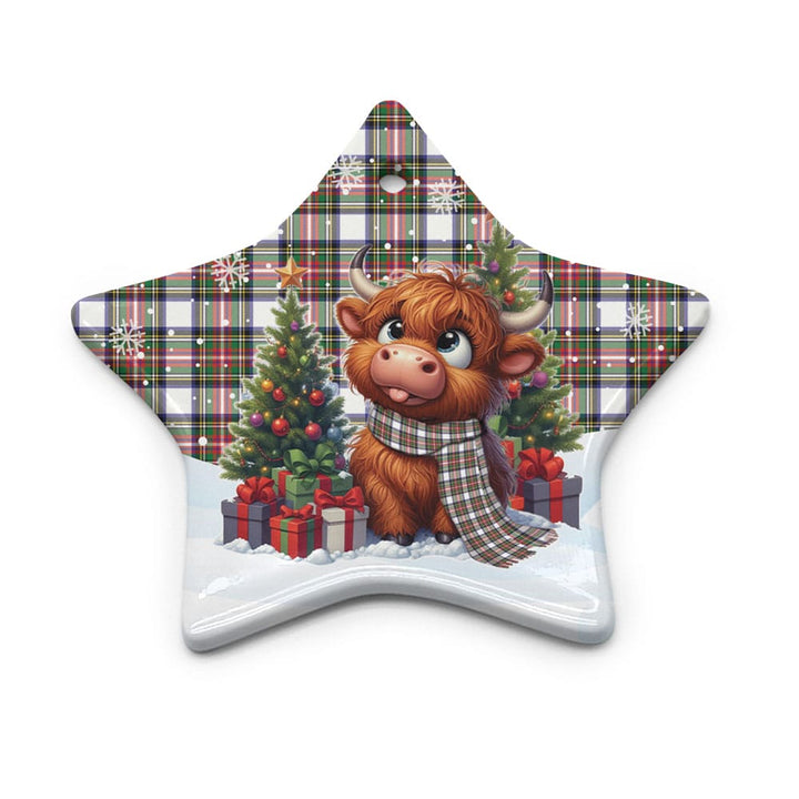 Scottish Stewart Dress Modern Clan Tartan Ceramic Ornament Cute Highland Cow Christmas Star Style Tartan Plaid