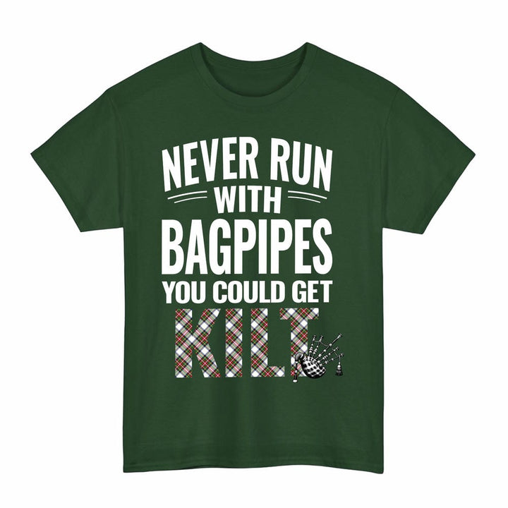 Scottish Stewart Dress Modern Clan Tartan Never Run With Bagpipes T-Shirt Tartan Plaid Forest Green Color