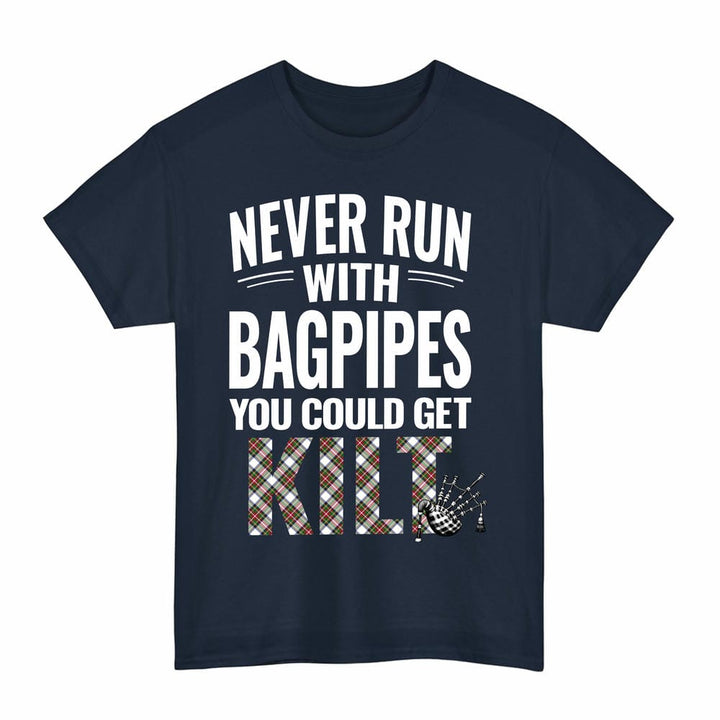 Scottish Stewart Dress Modern Clan Tartan Never Run With Bagpipes T-Shirt Tartan Plaid Navy Color