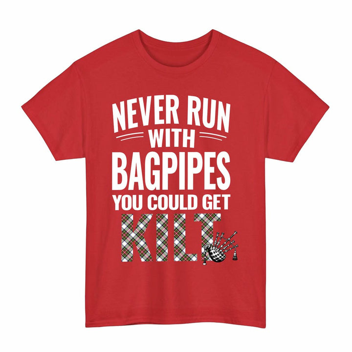 Scottish Stewart Dress Modern Clan Tartan Never Run With Bagpipes T-Shirt Tartan Plaid Red Color
