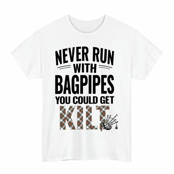 Scottish Stewart Dress Modern Clan Tartan Never Run With Bagpipes T-Shirt Tartan Plaid White Color
