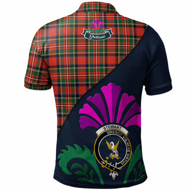 Scottish Stewart (High Stewards) Clan Crest Tartan Polo Shirt - Scotland Thistle Style Back Side Tartan Plaid