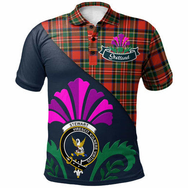 Scottish Stewart (High Stewards) Clan Crest Tartan Polo Shirt - Scotland Thistle Style Front Side Tartan Plaid