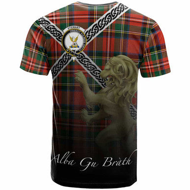 Scottish Stewart (High Stewards) Clan Crest Tartan T-Shirt - Celtic With Scotland Lion Back Side Tartan Plaid