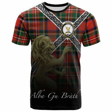 Scottish Stewart (High Stewards) Clan Crest Tartan T-Shirt - Celtic With Scotland Lion Front Side Tartan Plaid