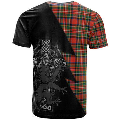 Scottish Stewart (High Stewards) Clan Crest Tartan T-Shirt - Lion Rampant Celtic Cross Flash Style Back Side Tartan Plaid