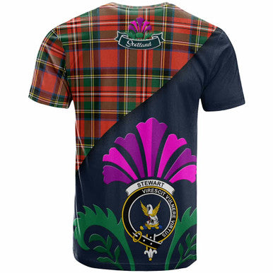 Scottish Stewart (High Stewards) Clan Crest Tartan T-Shirt - Scotland Thistle Style Back Side Tartan Plaid