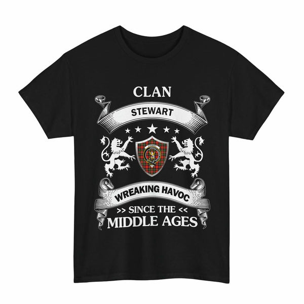 Scottish Stewart (High Stewards) Clan Crest Tartan T-Shirt Wreaking Havoc Design Tartan Plaid Black Color