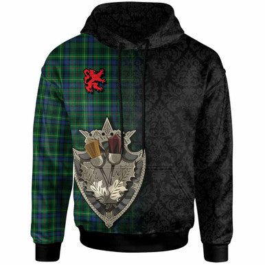 Scottish Stewart Hunting Modern Clan Tartan Hoodie - Half Thistle Flowers Celtic Design Front Side Tartan Plaid
