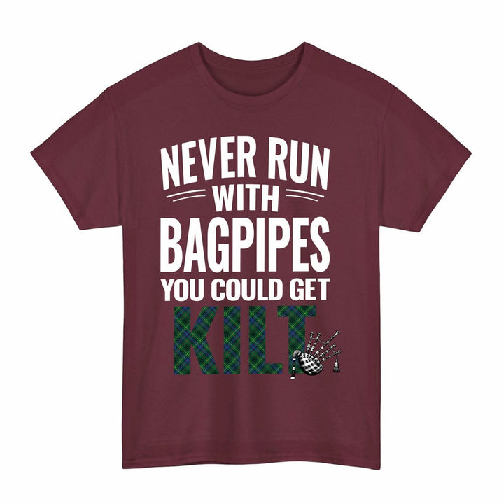 Scottish Stewart Hunting Modern Clan Tartan Never Run With Bagpipes T-Shirt Tartan Plaid Maroon Color