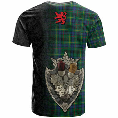 Scottish Stewart Hunting Modern Clan Tartan T-Shirt - Half Thistle Flowers Celtic Design Back Side Tartan Plaid