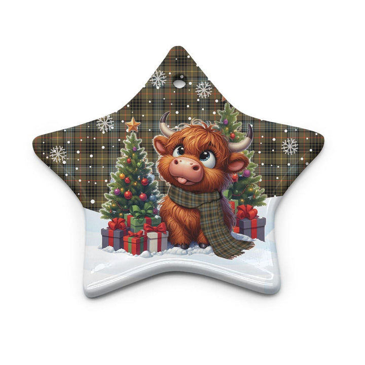 Scottish Stewart Hunting Weathered Clan Tartan Ceramic Ornament Cute Highland Cow Christmas Star Style Tartan Plaid