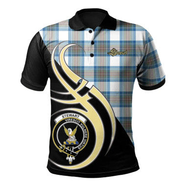Scottish Stewart Muted Blue Clan Crest Tartan Polo Shirt Believe in Me Front Side Tartan Plaid