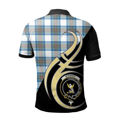 Scottish Stewart Muted Blue Clan Crest Tartan Polo Shirt Believe in Me Back Side Tartan Plaid