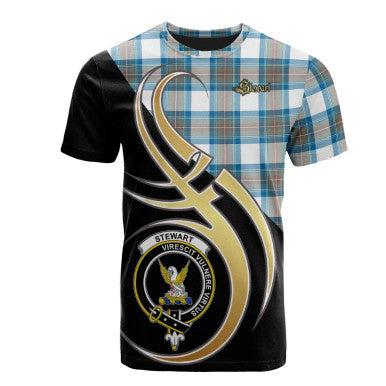 Scottish Stewart Muted Blue Clan Crest Tartan T-Shirt Believe in Me Front Side Tartan Plaid