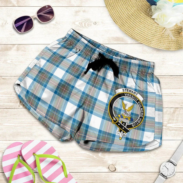 Scottish Stewart Muted Blue Clan Crest Tartan Women Shorts