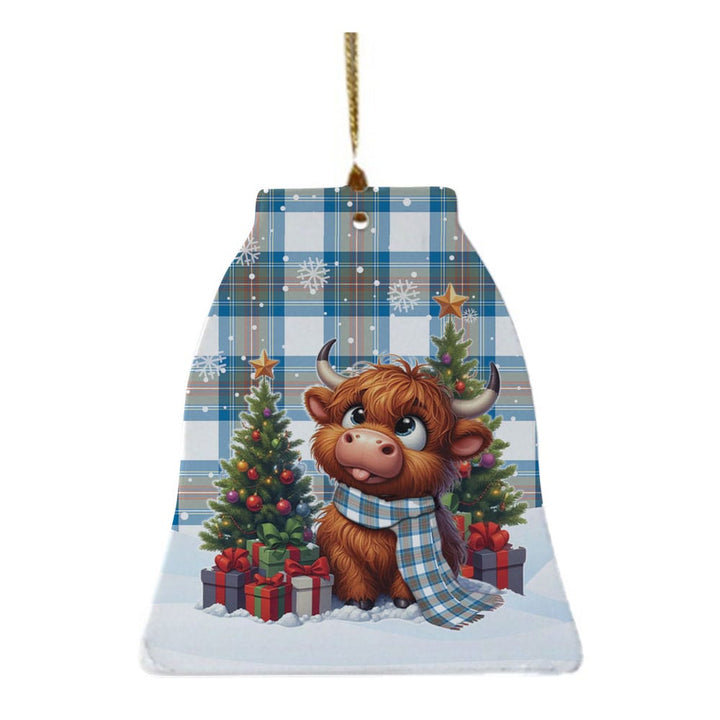 Scottish Stewart Muted Blue Clan Tartan Ceramic Ornament Cute Highland Cow Christmas Bell Style Tartan Plaid