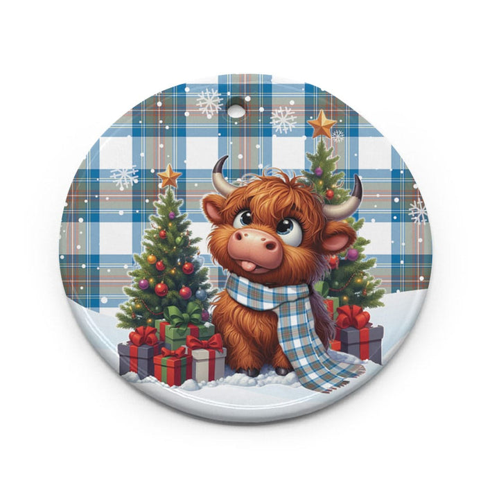 Scottish Stewart Muted Blue Clan Tartan Ceramic Ornament Cute Highland Cow Christmas Circle Style Tartan Plaid