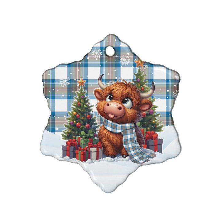 Scottish Stewart Muted Blue Clan Tartan Ceramic Ornament Cute Highland Cow Christmas Snow Flake Style Tartan Plaid