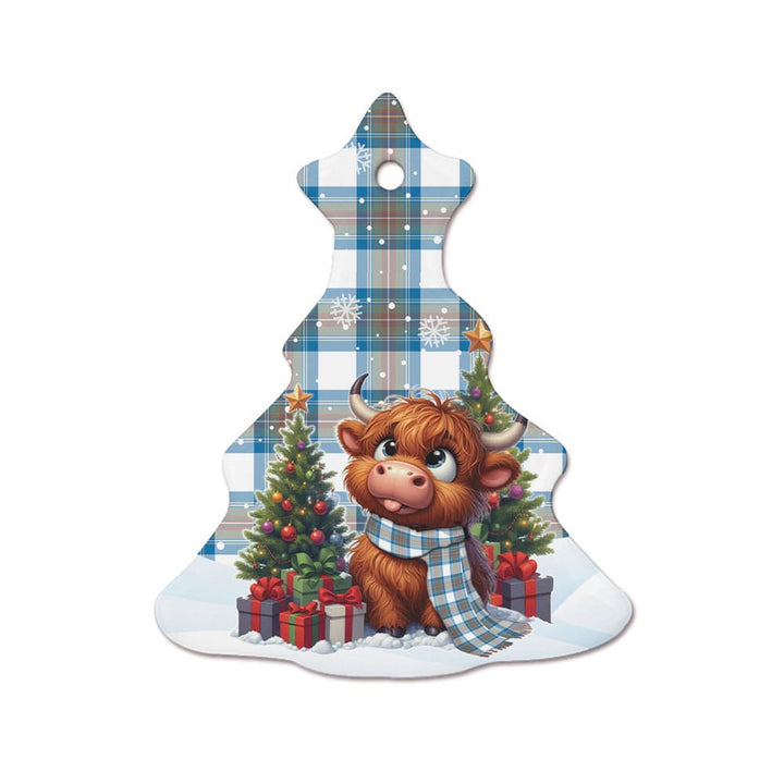 Scottish Stewart Muted Blue Clan Tartan Ceramic Ornament Cute Highland Cow Christmas Tree Style Tartan Plaid