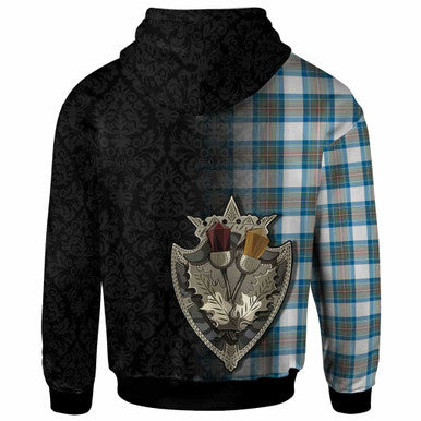 Scottish Stewart Muted Blue Clan Tartan Hoodie - Half Thistle Flowers Celtic Design Back Side Tartan Plaid