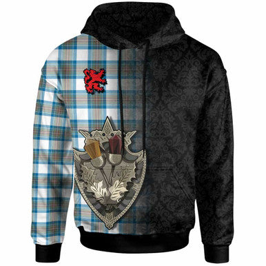 Scottish Stewart Muted Blue Clan Tartan Hoodie - Half Thistle Flowers Celtic Design Front Side Tartan Plaid