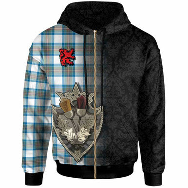 Scottish Stewart Muted Blue Clan Tartan Hoodie - Half Thistle Flowers Celtic Design Zip-up Tartan Plaid