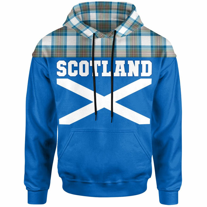 Scottish Stewart Muted Blue Clan Tartan Hoodie - Lion Rampant of Scotland With Flag Front Side Tartan Plaid