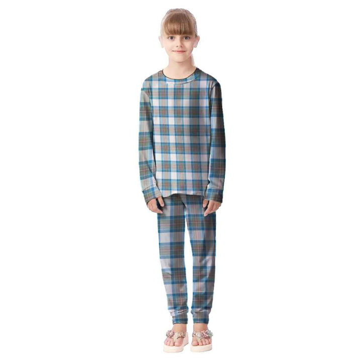 Scottish Stewart Muted Blue Clan Tartan Pajama Set Kid Front Side Tartan Plaid