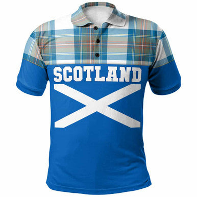 Scottish Stewart Muted Blue Clan Tartan Polo Shirt - Lion Rampant of Scotland With Flag Front Side Tartan Plaid